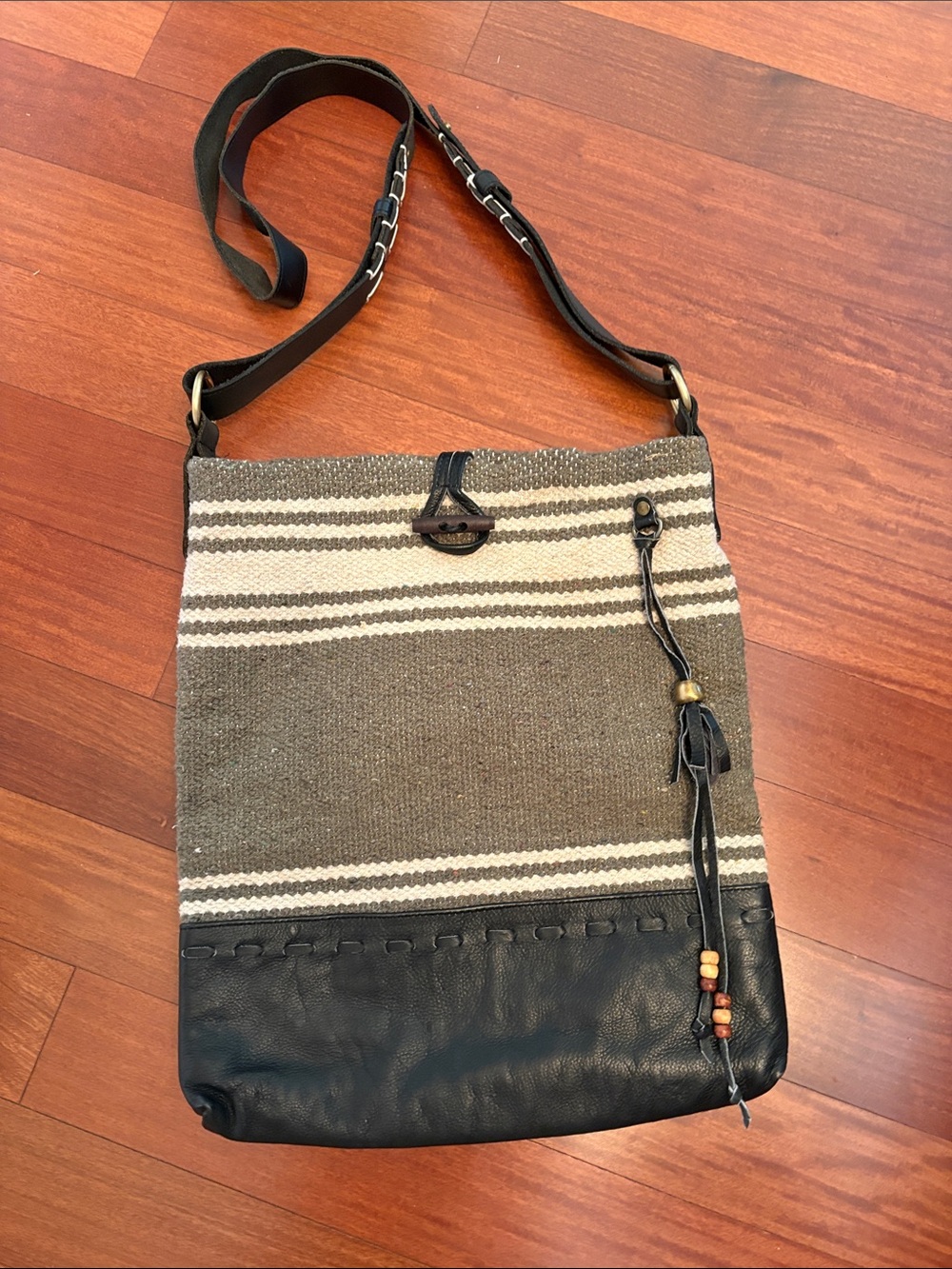Striped Canvas & Leather Crossbody Bag in Gray and Black